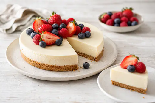 Cheesecake rotonda con base di biscotti, tagliata a fette, con crema liscia e chiara e frutti di bosco freschi sopra