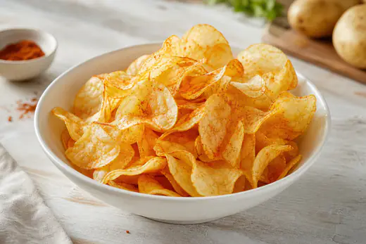 Chips di patate sottilissime e dorate, leggermente ondulate, in una ciotola bianca con un pizzico di paprica