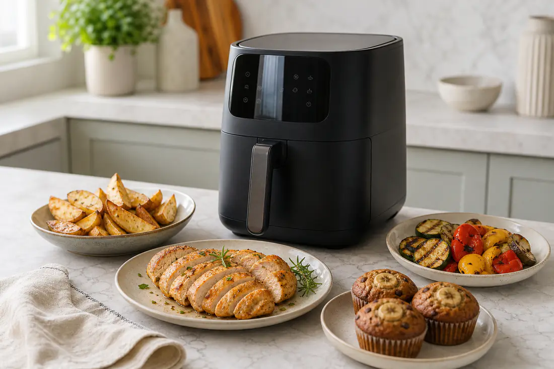 Friggitrice ad aria sul piano di lavoro con petto di pollo, patate al forno, verdure grigliate e muffin